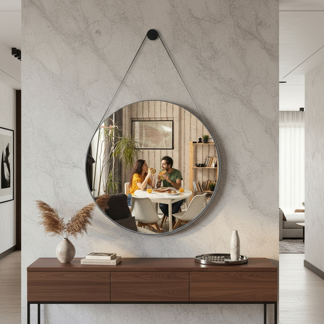 Espelho De Banheiro Decorativo Redondo 60cm C/ Alça De Couro Espelho De Banheiro Decorativo Redondo 60cm C/ Alça De Couro