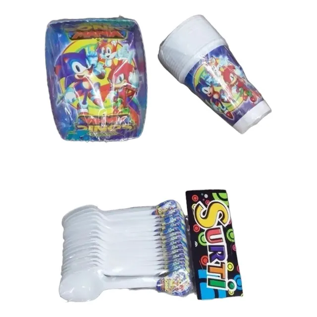 Set ×3 Sonic Fiesta Platos Cucharas Y Vasos Para 12 Personas