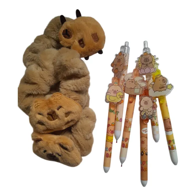 Capibara Lapicera + Scrunchie Capybara Birome Colita De Pelo