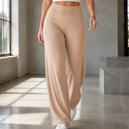 Calça Wide Leg Canelada Feminina Cintura Alta Confortável