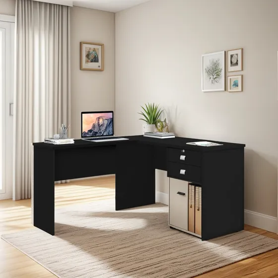 Mesa Em L Gamer Escritório Para Estudo 2 Gavetas Com Chave