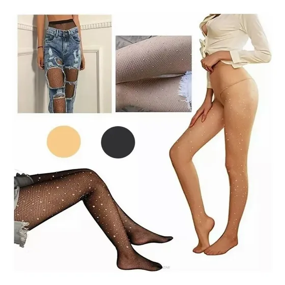 2 Panty Reforzada Malla Red Con Brillos Negro Mujer Elástica