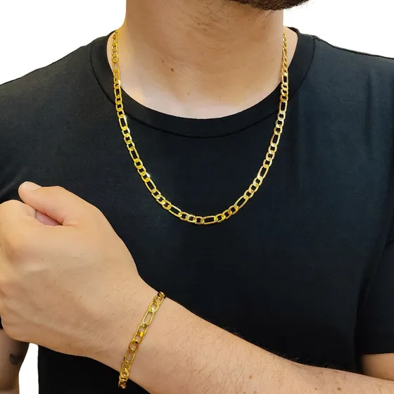 Corrente Cordão 7mm Em Tungstênio Não Descasca + Pulseira Cor Dourado