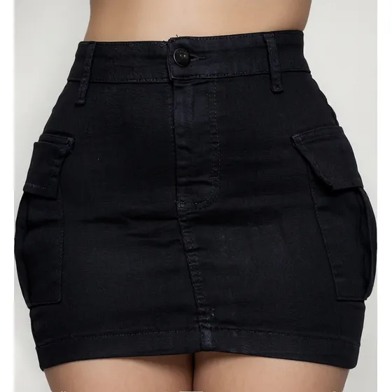 Saia Cargo Sarja Feminina Cintura Alta Com Lycra Bolsos 