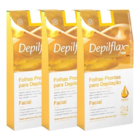 Kit 3 Cxs Folhas Depilatórias Facial Natural Depilflax 72un