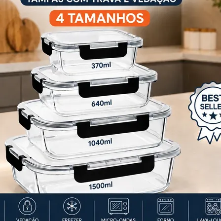 Kit 4 Potes De Vidro Hermético Marmita Vários Tamanhos