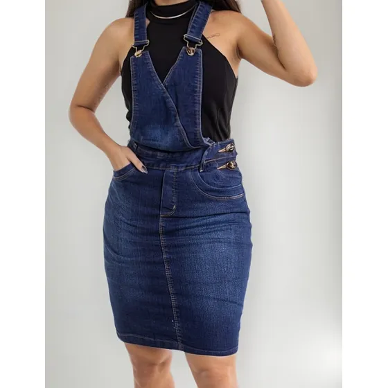 Jardineira Com Lycra Moda Cristã Salopete Jeans Cintura Alta