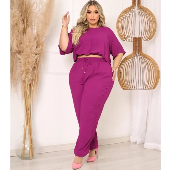 Conjunto Feminino Plus Size Calça Jogger  Cropped Com Mangas