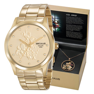 Kit Relógio Seculus Feminino Dourado São Jorgem Com Colar 35019lpskda1k1 Kit Relógio Seculus Feminino Dourado São Jorgem Com Colar 35019lpskda1k1
