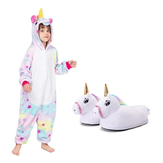 Set Infantil Con Pijama Entero + Pantuflas Diseño Unicornio