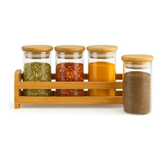 Kit 4 Potes Com Suporte Organizador Temepero Cozinha Bambu Kit 4 Potes Com Suporte Organizador Temepero Cozinha Bambu