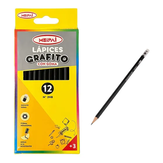 Estuche 12 Lápices Grafito 2hb Con Goma Lápiz Grafito