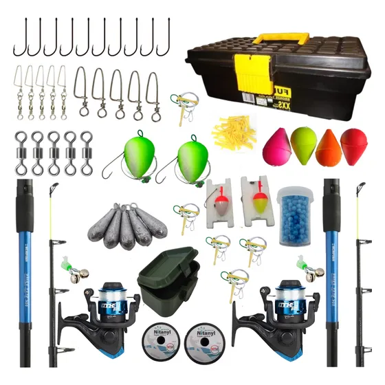 2 Kit Combo Pesca Completo Cañas + Reeles Caja Accesorios