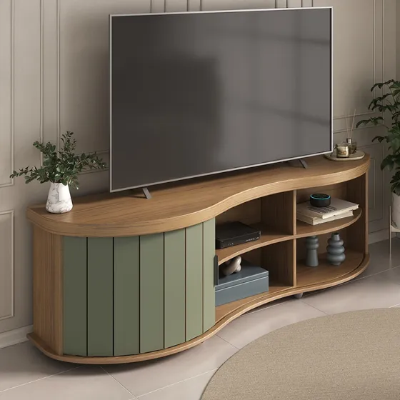 Rack Para Tv 75 Porta De Correr Duas Cores E Bordas Boleadas