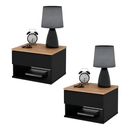 Mesa de Luz Flotante con 1 cajón Melamina de calidad set x2 Koa MLF Negro Paraiso