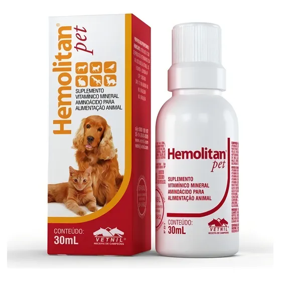 Hemolitan Pet Gotas Vetnil 30ml Suplemento Para Caes Gatos Líquido Vitaminas