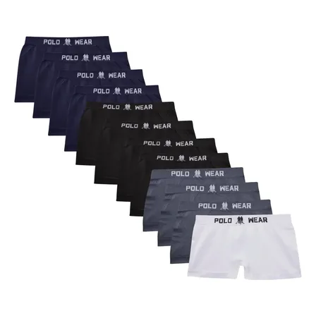 Kit 12 Cuecas Infantil Boxer Microfibra sortido Polo Wear  Preto, Branco, Azul Marinho E Cinza G - 9 A 11 Anos