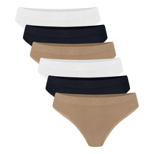 Kit com 6 calcinhas femininas Trifil em cores variadas, empilhadas verticalmente sobre fundo branco