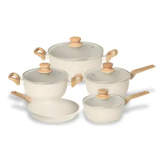 Jogo De Panelas 5 Peças Marble Edition Oster - Revestimento Cerâmico Antiaderente Com Acabamento Creme, Fundo Compatível Com Indução E Cabos Com Acabamento De Toque Suave
