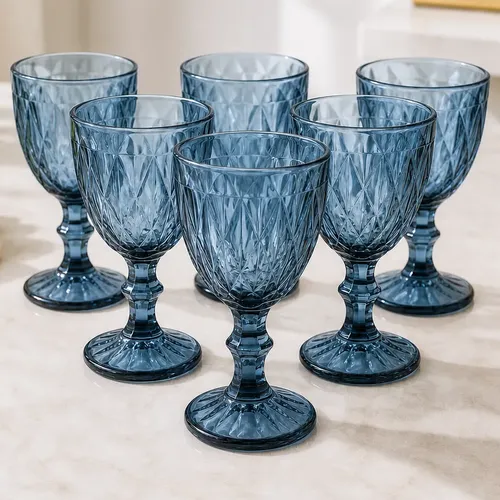 Jogo 6 Taças Água Vinho 330ml Vidro Azul NH Design Vintage