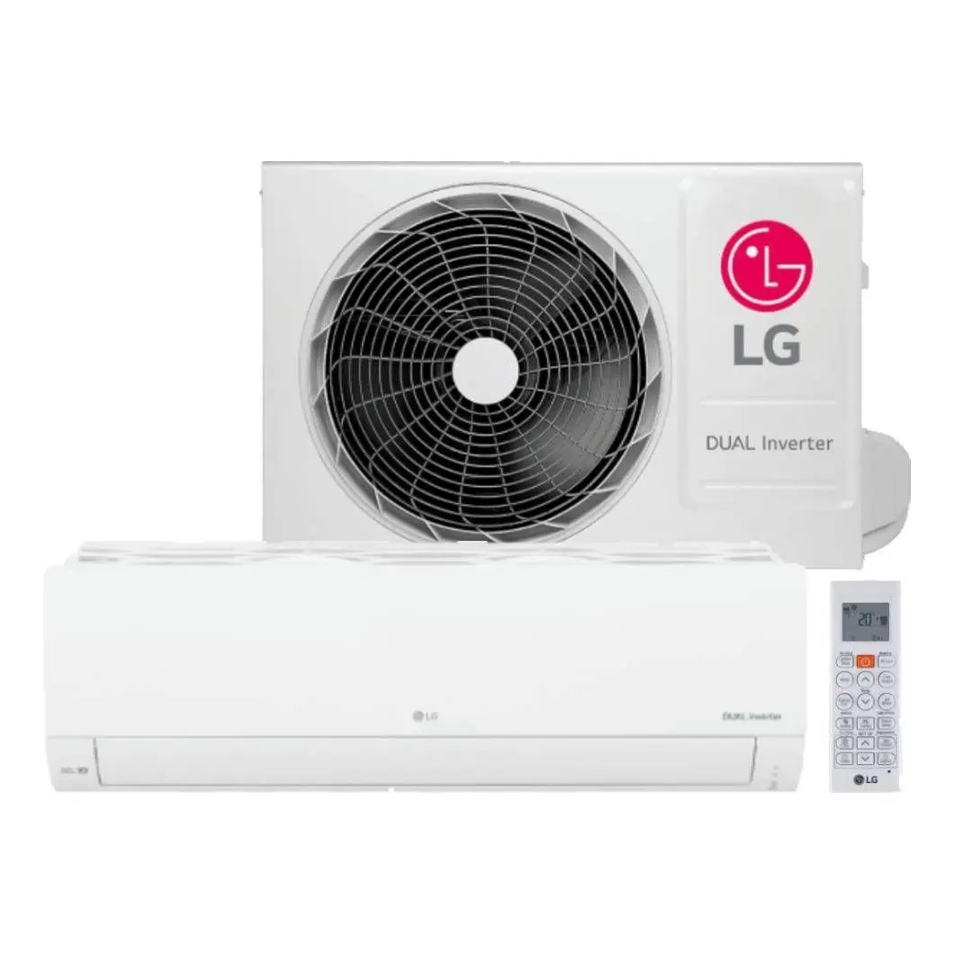 Conjunto de ar condicionado LG Dual Inverter Compact Ai contendo unidade interna, unidade externa e controle remoto