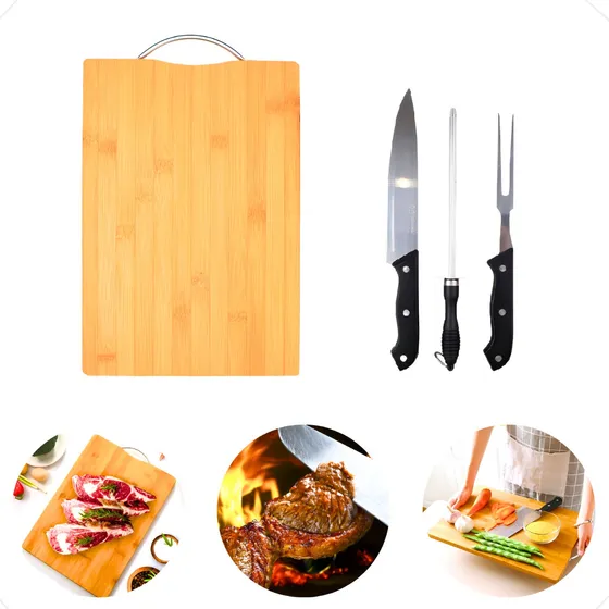 Tábua Bambu Faca Garfo Chaíra Churrasco Masterchef Kit 4 Pçs
