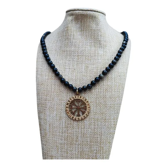 Collar Hombre Protección Piedra Obsidiana Colgante Vegvisir Negro