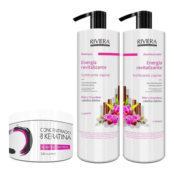 Shampoo Sin Sal Riviera Miel y Orquídeas Para Cabellos Débiles 1L + Acondicionador Sin Sal 1L + Keratina Riviera Ka 350gr