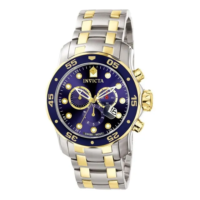 Reloj pulsera Invicta 0077 con correa de acero inoxidable color acero/oro - fondo azul - bisel azul/dorado