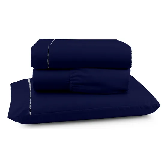 Jogo de cama solteiro 3 peças 400 fios liso Casa Laura Enxovais azul marinho