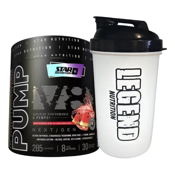 Pre Entrenamiento Pump V8 Pre Workout Star Nutrition 285 Gr Sabor Watermelon Vaso Legend Nutrition 600ml