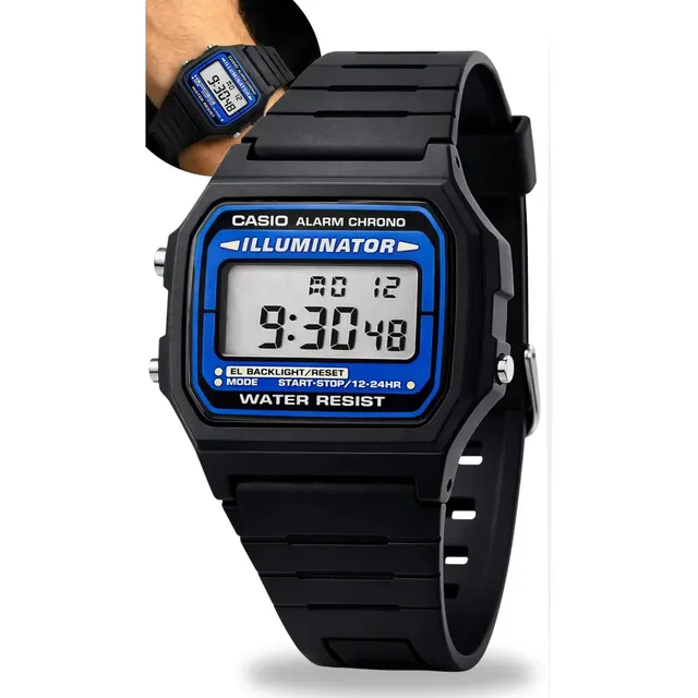 Relógio Casio Digital F-105W-1ADF Cor da correia preto Cor do bisel prateado Cor do fundo azul