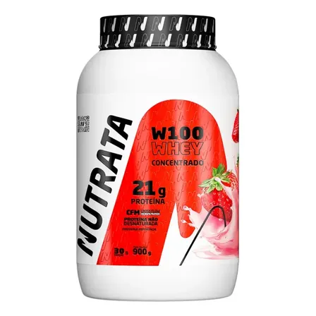 W100 Whey Concentrado Pote 900g Morango Nutrata