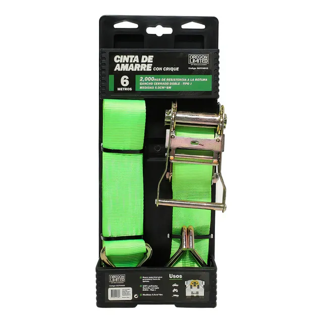 Cinta De Amarre Con Crique 6 Metros 5cm 2tn Gancho Metalico Color Verde
