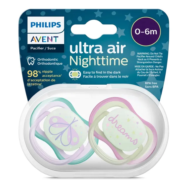 Chupon Avent 0 A 6 M Nocturno Ultra Aereado + Estuche-pack 2