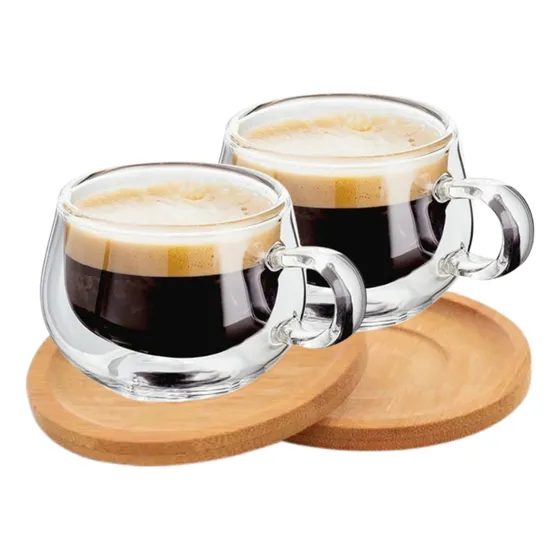 Kit 2 Xicara Vidro Duplo Caneca Parede Dupla 150ml Com Pires