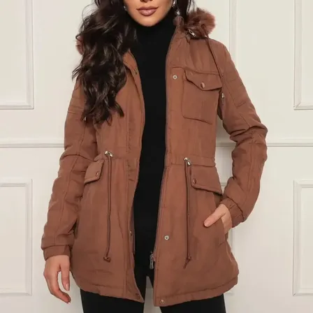 Casaco Feminino Parka De Sarja Sobretudo Forrado Com Pelúcia