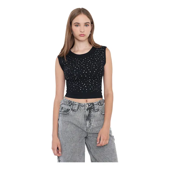 Polera Mujer Brillos Sin Mangas Color Negro Corona