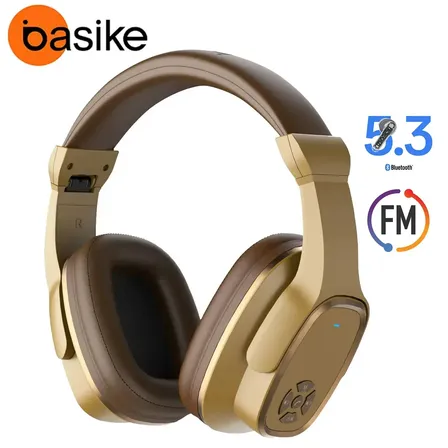 Basike Headphone Bluetooth Fone de Ouvido Sem Fio Com Rádio Fm E Função Caixa De Som E Microfone Fone Headset Over-ear 76h De Bateria Hi-fi Estéreo Para Música Gamer Academia Esportivo Marrom