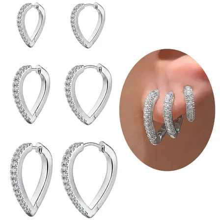 Brinco de Argola Gota Trio Folheado a Prata 925, Cravejado de Zircônia, Kit 3 Pares de Ar…