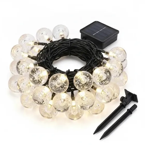 Guirnalda Solar 20 Luces Bolitas Cristal Led 6m Luz Cálida Amarilla Exterior Panel Solar Recargable Decoración Terraza Quincho Jardín Balcón Navidad