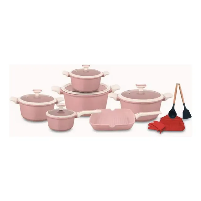 Juego De Ollas Con Revestimiento De Granito 16 Piezas Rosa