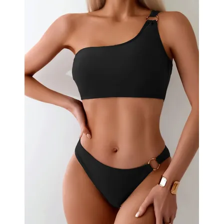 Biquini Um Ombro Só Argolas Metálica Marquinha Moda Verão Preto Gg