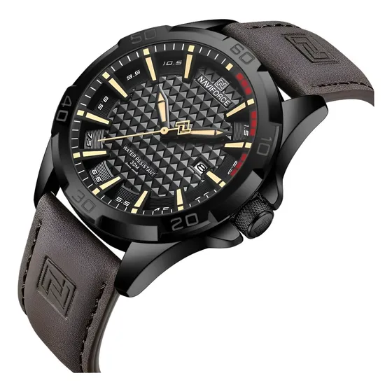 Reloj de pulsera Naviforce Nf8023 para hombre, con correa marrón, bisel negro, fondo negro