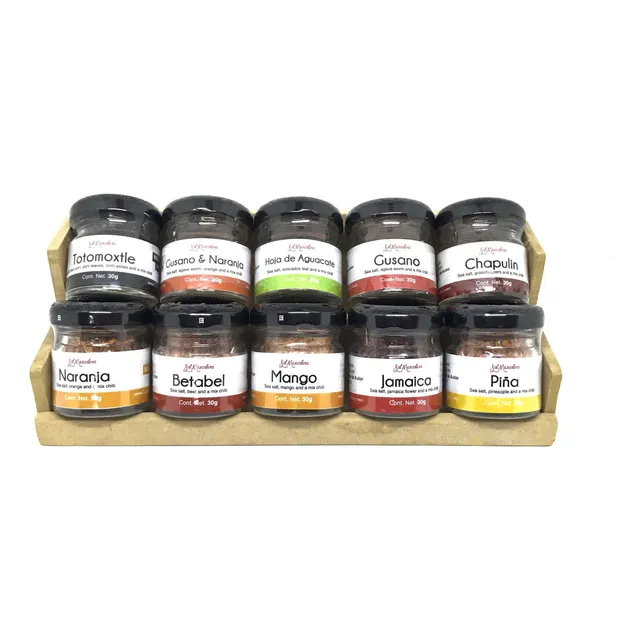 Kit De Sal De Gusano Y Sales Mezcaleras Caja De Madera 10pz