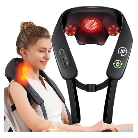 Massageador de Pescoco Shiatsu 3d Com Aquecimento Para Cervical E Ombros Elétrico Sem Fio Knqze Preto