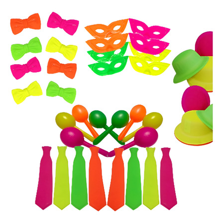 Kit Fiesta Fluo Antifaz Moño Corbata Sombrero Maracas - X50 Kit Fiesta Fluo Antifaz Moño Corbata Sombrero Maracas - X50