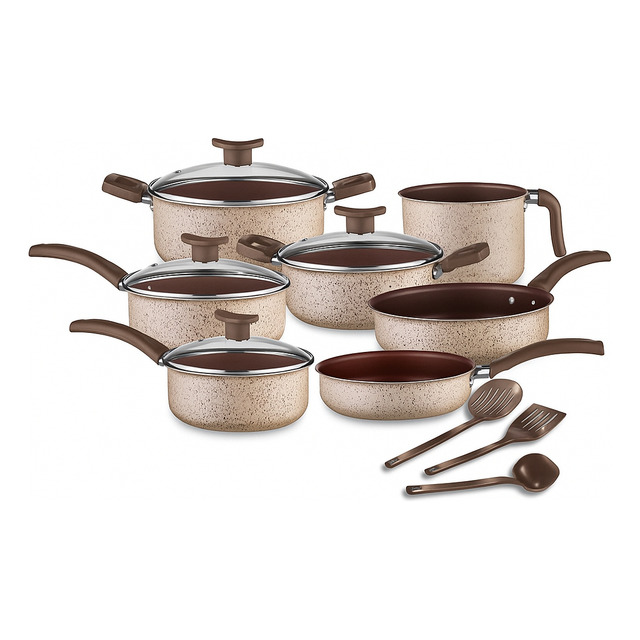 Conjunto De Panelas Antiaderente 10 Peças Teflon Linha Coffee Cappuccino Tampa De Vidro