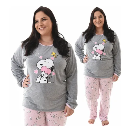 Pijama Feminino Plus Size Inverno Manga Longa Calça Premium