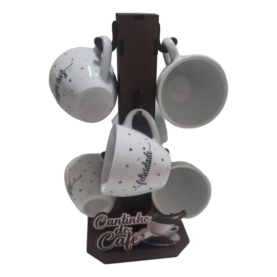 Xicara Porcelana Coração 70ml - Kit 6 Unidades Com Suporte